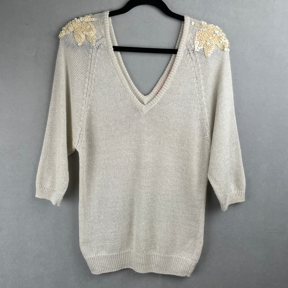 Adell Barre VTG Metallic Sequin V-Neck Sweater Cream Angora Blend Retro Disco M